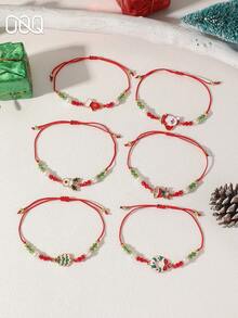 OOQ 6pcs/Set Colorful Beaded Multi-Layer Stackable Bracelet Set, Red & Green Beaded Cartoon Santa Claus, Reindeer, Snowflake With Rhinestone Inlay Women's Bracelet, Christmas Party Holiday Gift - Multicolor - View 4