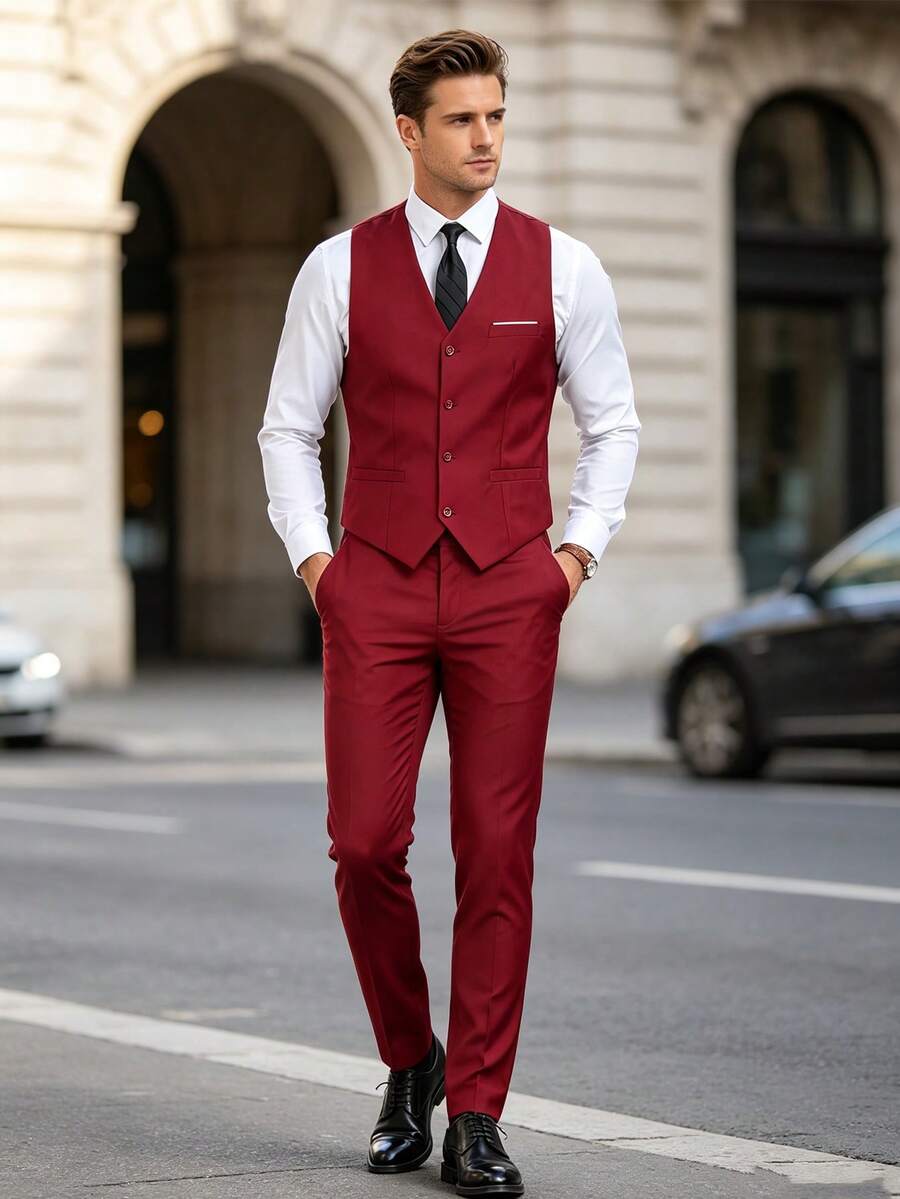 Men's 4-Piece Suit Set, Elegant Solid Color Slim Fit Gentleman Vest, Pants, Tie Set For Business, Commuting, Wedding, Party, Ball - Red - View 1