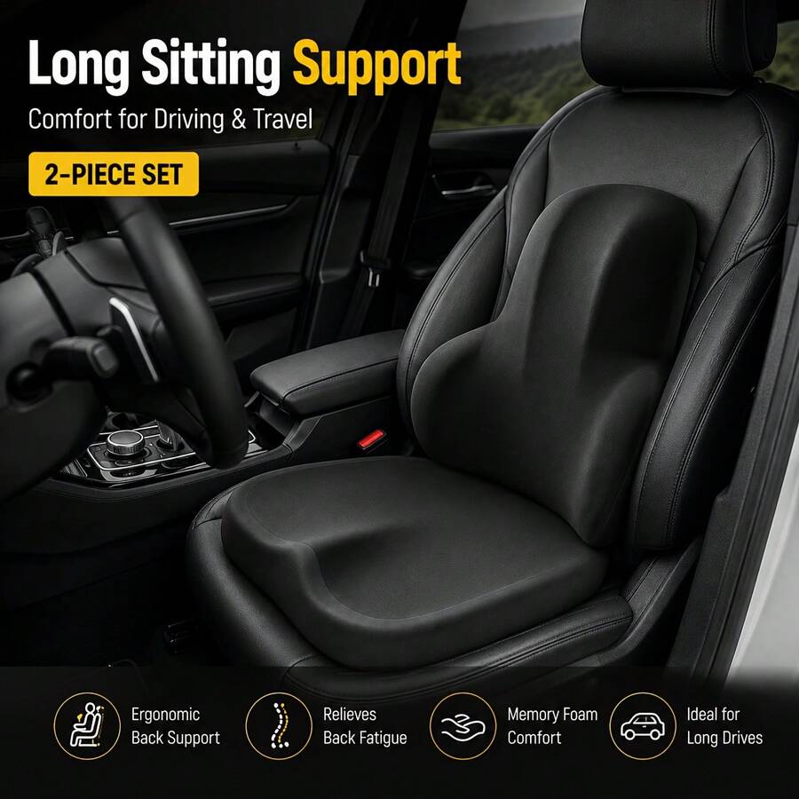 2pcs Car Seat Comfort Set, Memory Foam Lumbar Support Pillow And Ergonomic Seat Cushion, Suitable For Daily Commute And Long-Distance Driving - Lumbar Support and Seat Cushion Set - View 1