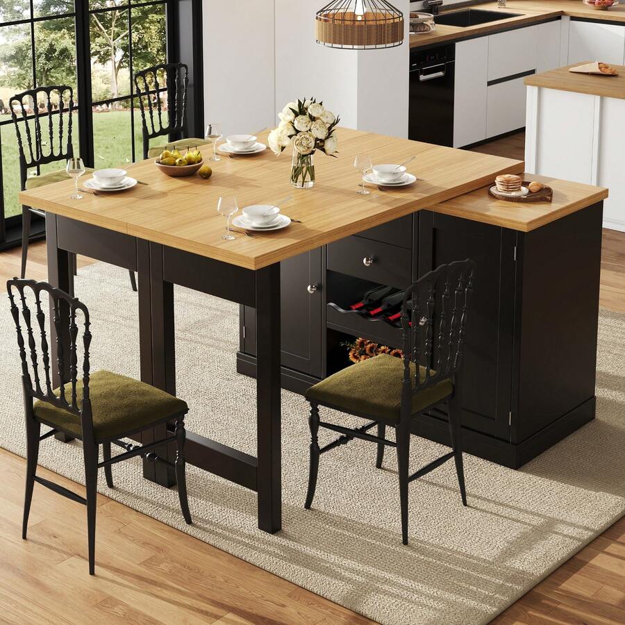 Flieks Extendable Sideboard & Dining Table Combo, 2 Drawers & Snack Rack, Space-Saving Sideboard For Small Flats - Black - View 1