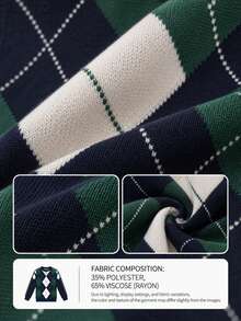 Women's Argyle Knit Crew Neck Sweater, Preppy Vintage Back To School Style, Loose Fit Top For Autumn/Winter Fall - Green - View 6