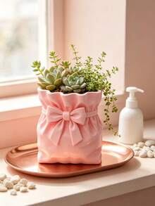 3D Printed Pleated Fabric Bag Shaped Planter With Bowknot, Minimalist Creative Desktop Potted Plant Container, Succulent And Small Green Plant Decorative Flower Pot - B - View 4