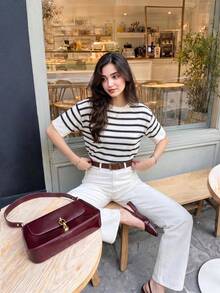Roviva Women's Autumn Casual Commute Round Neck Loose Pullover Striped Short Sleeve Knit Top, Suitable For Party, Gathering, Holiday, Birthday Party - Multicolor - View 7