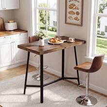 LITTLE TREE 105 Cm Industrial Bar Table Solid Wood Breakfast High Table With Metal Frame Footrest Rustic Brown For Kitchen Coffee Corner Small Spaces - Brownish Black - View 3