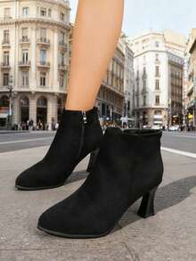 Women's Black Suede Chunky Heel Ankle Boots With Side Zipper, Minimalist Solid Color High Heel Boots For Urban Street Style, Commuting, Dating And Versatile Wear - Black - View 4
