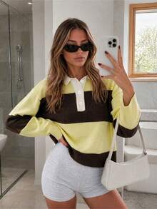 Spring/Autumn Multi-Color Contrast Lapel Long Sleeve Half-Button Cardigan Sweater - Brown and Yellow - View 3
