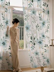 2PCS Light Blue Floral Print High Density Mesh Curtains, Light Filtering Rod Pocket - Multicolor - View 7
