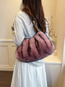 Women's Plush Pink Large Capacity Metal Chain Shoulder Bag, Autumn/Winter - Pink - View 6