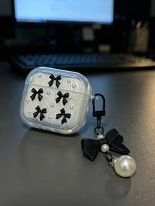Clear Glitter Earphone Case With Black Bow & Pearl Decor, Bluetooth Headset Cover With Matching Bow‑Pearl Pendant Charm Compatible With AirPods 1/2/3/4/5, Pro/Pro2,Pro3 Case - Black - View 2