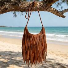 STEPHIECATHY Bohemian Style PU Leather Fringed Zipper Closure Woven Long Strap Women Casual Small Shoulder Crossbody Bag, Suitable For Vacation Travel - Brown - View 5