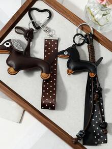 1pc Vintage Dachshund Keychain Polka Dot Heart Rope Pendant Bag Charm - Multicolor - View 2