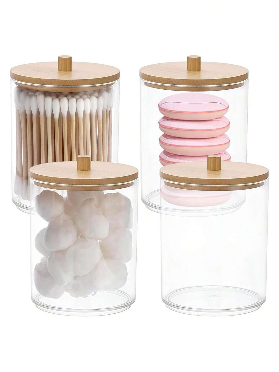 1/2/3/4 Packs Qtip Holder Dispenser With Bamboo Lids - 10 Oz Clear Plastic Apothecary Jar Containers For Vanity Makeup Organizer Storage - Bathroom Accessories Set For Swabs, Ball, Pads, Floss - Multicolor - View 1