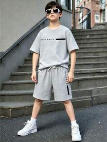 Tween Boy Letter Graphic Print Round Neck Short Sleeve T-Shirt And Shorts - Grey - View 1