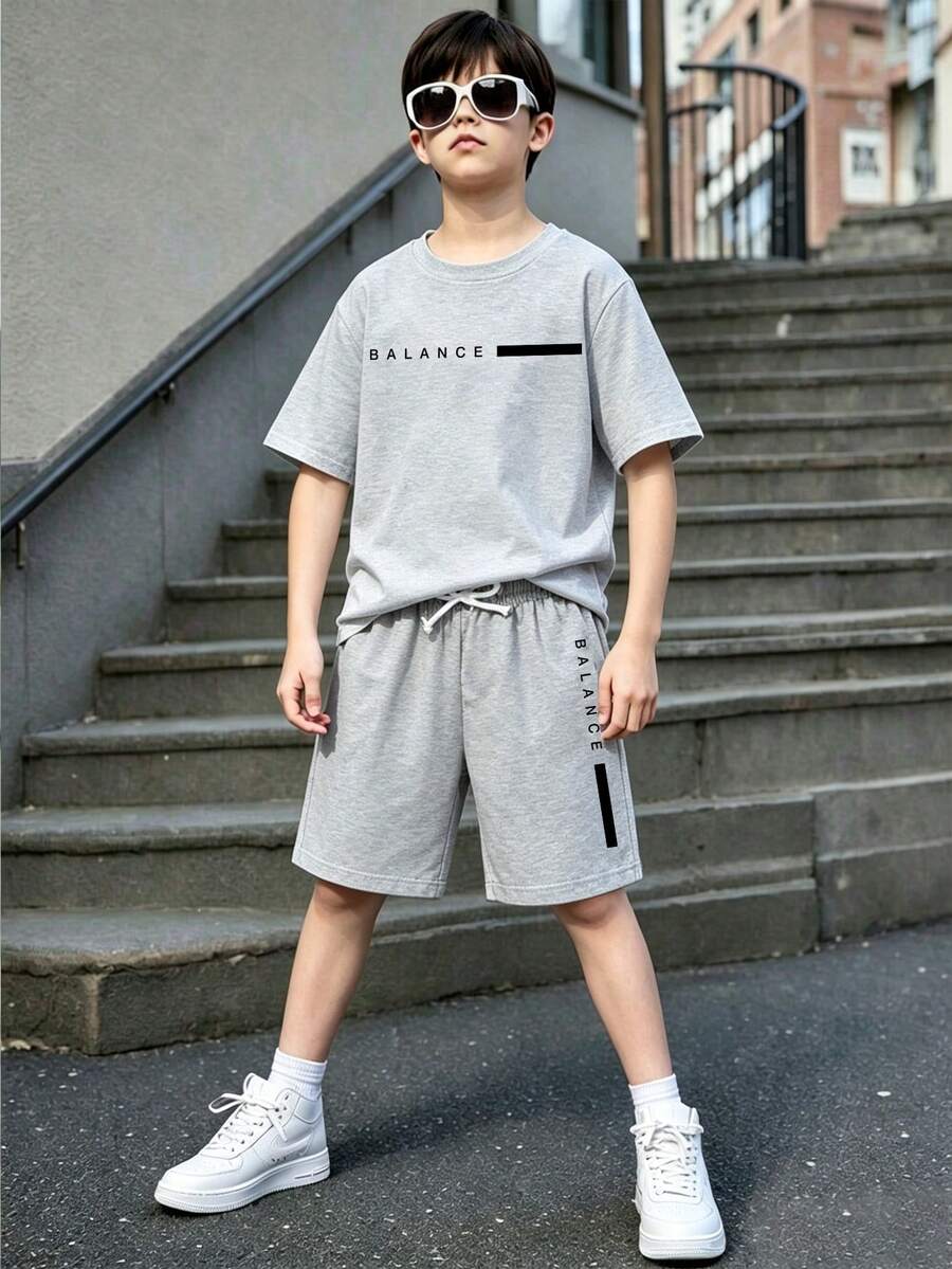 Tween Boy Letter Graphic Print Round Neck Short Sleeve T-Shirt And Shorts - Grey - View 1