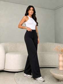 Women's Casual Commuting Minimalist Solid Color Elastic Waist Flare Pants - Black - View 5