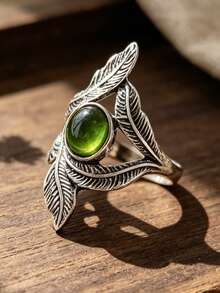 1pc Vintage Feather-Shaped Inlaid Synthetic Emerald Ring, Bohemian Leaf-Shaped Alloy Personalized Accessory - Silver - View 4