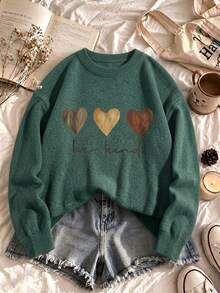 Sweater Rajut Wanita Ukuran Besar, Motif Huruf Hati, Lengan Panjang, Kerah Bulat, Potongan Reguler, Pilihan Ideal untuk Musim Gugur - Hijau - View 2