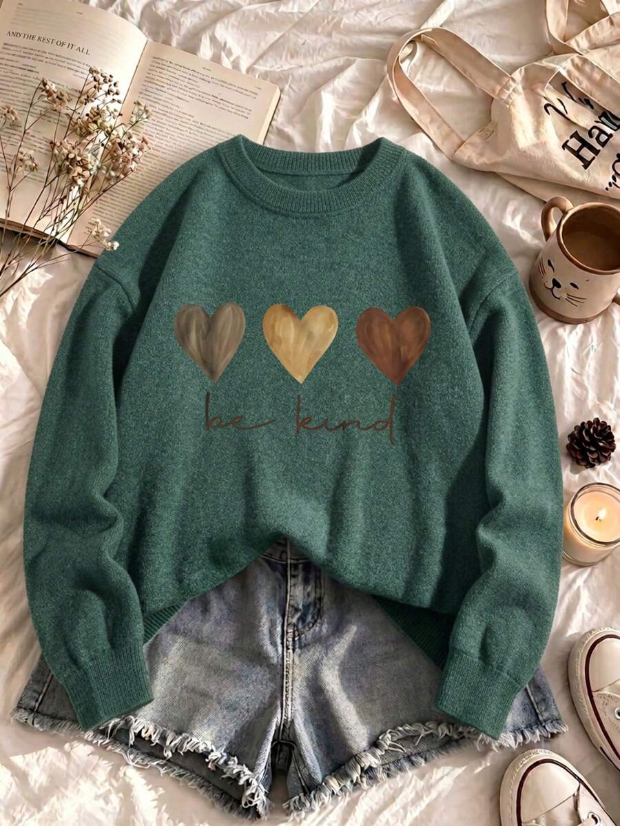 Sweater Rajut Wanita Ukuran Besar, Motif Huruf Hati, Lengan Panjang, Kerah Bulat, Potongan Reguler, Pilihan Ideal untuk Musim Gugur