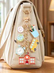 Back To School Themed Enamel Keychain,Initial Letter Bag Charm With School Bus Globe Alarm Clock Pencil Holder Pendant,Gift For Student Teacher,Halloween Christmas - Multicolor - View 2