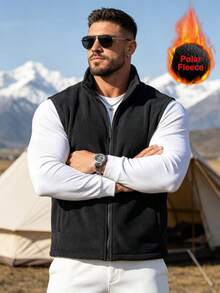 Men's Casual Solid Color Stand Collar Sleeveless Jacket, Fleece Outdoor Jacket, Autumn/Winter Vest - Black - View 10