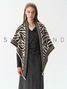 1pc Women's Zebra Print Elegant Polyester Faux Mink Triangle Scarf Shawl, Suitable For All Seasons Daily Wear - Coffee Brown - View 2