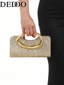 Dedoo 1件女款時尚復古金屬手柄晚宴手拿包，奢華優雅水鑽亮片金屬裝飾硬殼包，附可拆卸金屬鏈條斜跨背帶，適合婚禮、派對、舞會、夜店、正式場合，搭配洋裝，金色錢包式小包 - 金色 - 查看 7