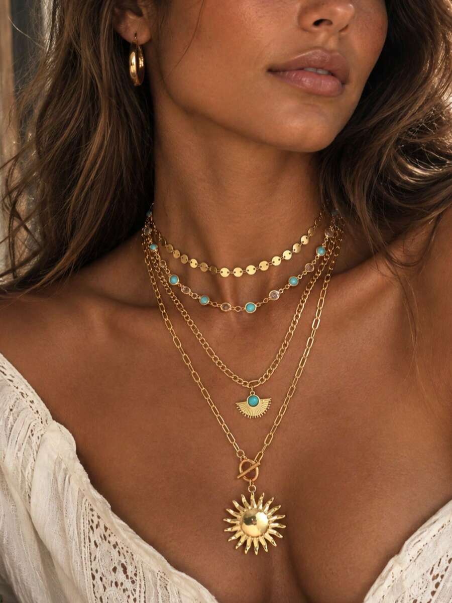 4pcs/Set Style Turquoise Sun Pendant With Round Coin Chain Decor Multi-Layer Stacked Necklace Fashion Women's Neck Jewelry Suitable For Daily Wear, Dating, Vacation And Travel - Multicolor - View 1