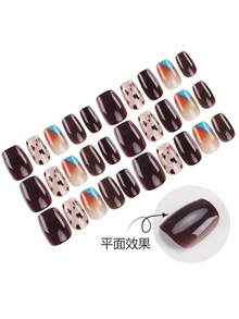 30pieces Press On Nails. Fall Autumn Fall Nails Set. Short Square Nails With Pure Dark Brown, Leopard Print And Blue-Orange Gradient Designs. Includes Jelly Glue And Nail File. Nail Supplies For Easy DIY Manicures - Multicolor - View 2