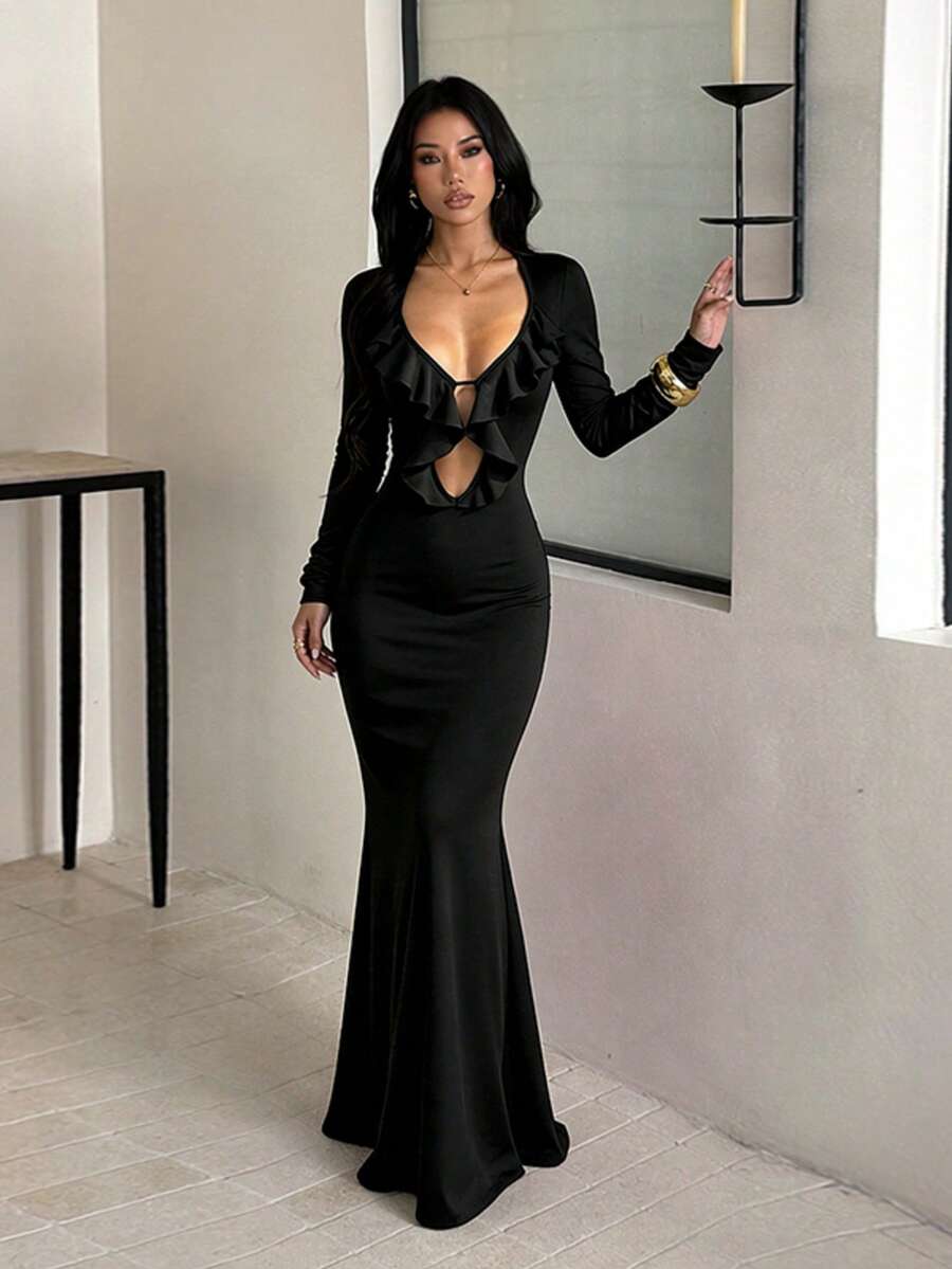 1pc Solid Color Elegant Knit Fabric Dress For Wedding Autumn - Black - View 1