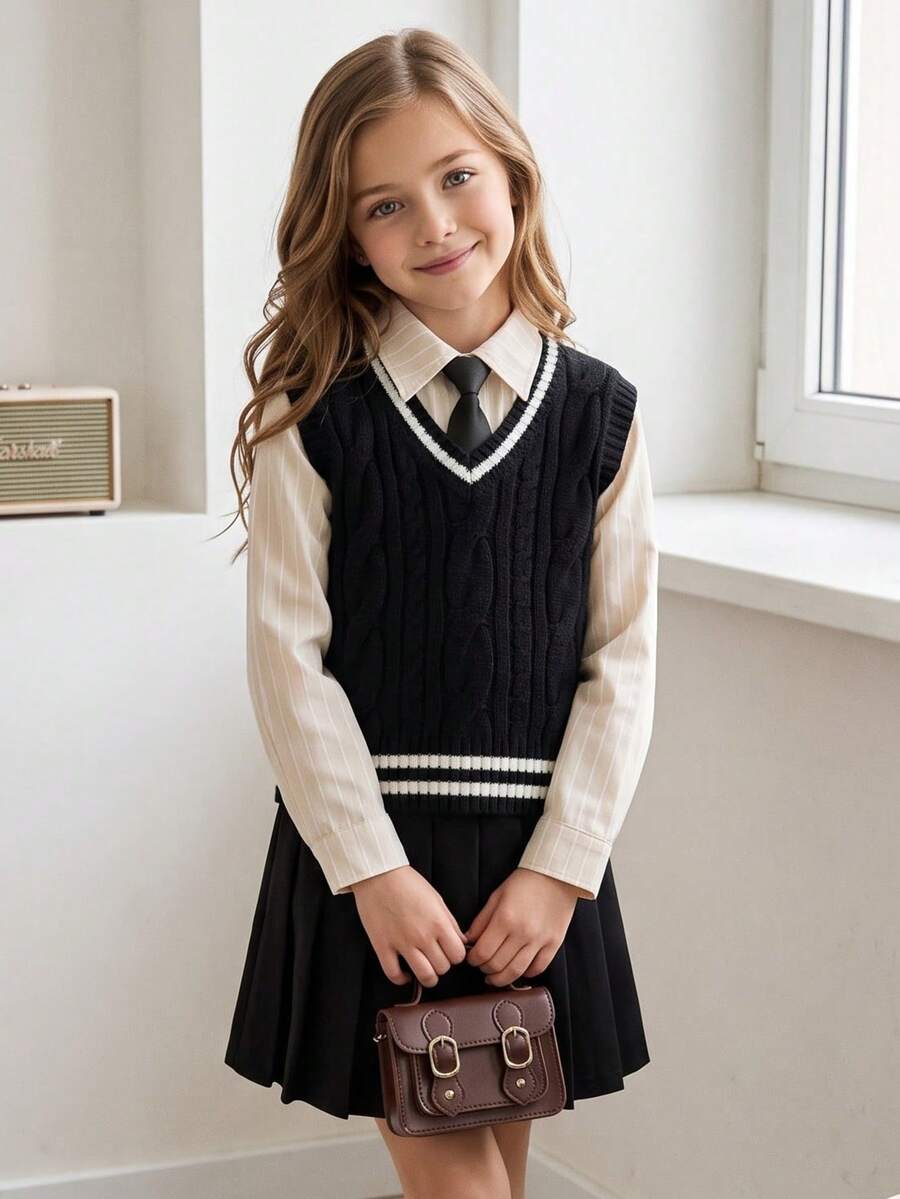 Girls' Knitted Sweater Vest, Black V-Neck Sleeveless Pullover, Preppy School Uniform Style, Autumn/Winter Layering Top, Suitable For Teenagers - Black and White - View 1