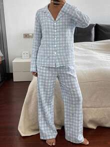 DAZY 2pcs Women Loose Comfortable Breathable Long Sleeve Top And Long Pants Pajama Set, Cute Home Wear, For Her - Blue - View 6