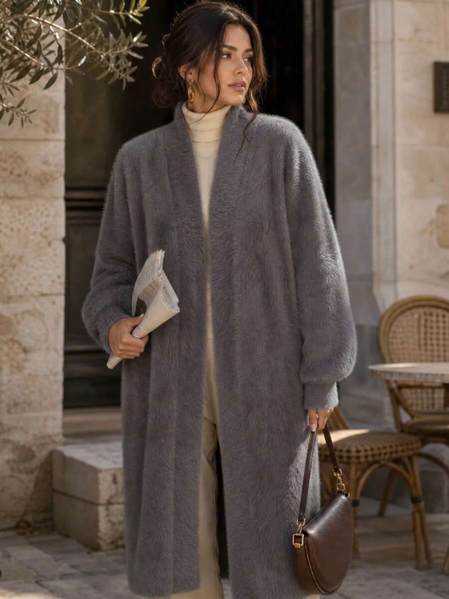 Women's Autumn/Winter Pure White Drop Shoulder Long Sleeve Loose Long Warm Fleece Cardigan Sweater - Grey - View 1