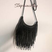 STEPHIECATHY 波西米亚风PU素皮流苏拉链编织长肩带斜挎包，女士休闲嬉皮风假日旅行包 - 黑色 - 查看 6