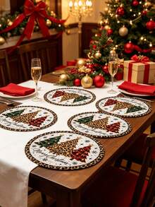 1/2/4pcs Christmas Placemats, Christmas Tree And Leopard Print Elements, Round Design, Bamboo And Linen Material, Suitable For Christmas Decoration, Family Gathering Party, Table Decor, Holiday Decor, Indoor Decoration. - Multiple Styles - View 2