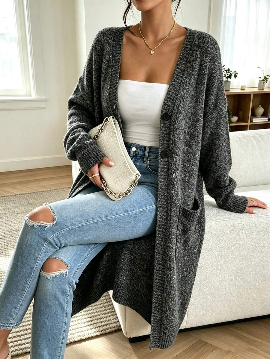 Plus Size Casual Fashion Versatile V-Neck Button Pocket Long Sleeve Knit Long Cardigan - Dark Grey - View 1
