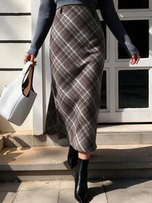 EARO Women's Plaid Long Pencil Skirt, Fashionable And Elegant, Versatile For Daily Wear - Brown - View 5