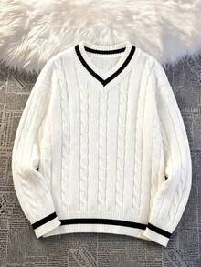 1pc Teen Boys V-Neck Knit Sweater, Elegant & Comfortable, Versatile For Gatherings, Outings, Back To School - White - View 10