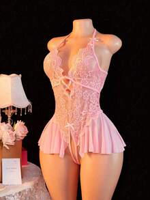 Sexy Lingerie, Open Crotch Design, Floral Lace Patchwork Ruffle Trim Elegant Women's One-Piece Nightgown, Bedroom Seduction Set - Pink - View 1