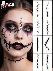 STARTTOOS 8PCS Halloween Black Thorn Pattern Halloween Cosplay Makeup Halloween Street Party Gift Waterproof Tattoo Stickers For Face, Shoulder, Neck, Collarbone - Black - View 1