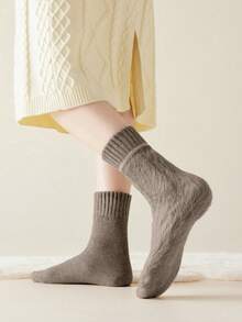 5 Pairs Random Women Maillard Fleece‑Lined Mid‑Calf Socks, Thick Plush Inner Warm Knit Socks, Holiday Gift Long Socks For Fall Winter & Christmas - Multicolor - View 2