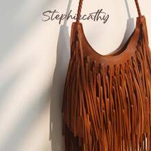 STEPHIECATHY Bohemian Style PU Leather Fringed Zipper Closure Woven Long Strap Women Casual Small Shoulder Crossbody Bag, Suitable For Vacation Travel - Brown - View 6