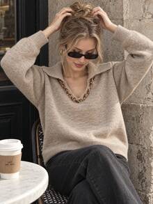 JIANHU Autumn/Winter Casual Sweater, Decorated With Crochet Lace Trim And Ribbed Cuffs - Khaki - View 1