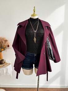 Rusttydustty Women's Plus Size Burgundy Double-Breasted Tie-Front Lapel Vintage Jacket, Suitable For Autumn/Winter, Halloween Outfit - Burgundy - View 10