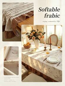 1pc Faux Linen Tablecloth With Scalloped Lace Trim, Polyester Fabric, Botanical Pattern, Rectangular/Square Tablecloth For Dining Room And Living Room Table Decor - Beige - View 4