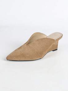 Women's Khaki Deep V-Cut Slip-On Pointed Toe Wedge Pumps - Khaki - View 7