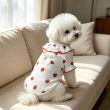 1PC Cute Ruffle Collar Dog T-Shirt With Pearl Bow Decor, Strawberry Heart Cherry Print Ribbed Knit Puppy Short Sleeve Top, Soft Pet Clothes For Small Dogs Bichon Teddy Daily Outfit - Multicolor - View 2