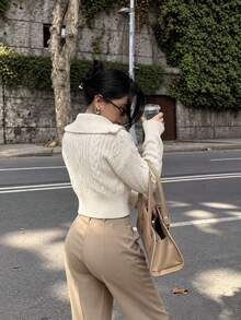 Autumn/Winter New Vintage Oversized Lapel Double Zipper Cable Knit Cardigan, Loose Drop Shoulder Casual Short Commuter Sweater - Apricot - View 4