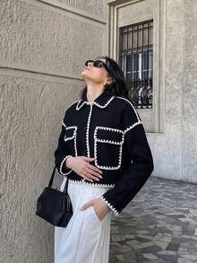 Women's Colorblock Ruffle Trim Short Jacket, Lapel Collar Button Front Long Sleeve Casual Short Coat With Pockets - Black - View 1