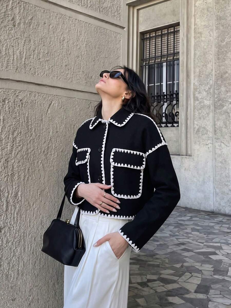 Women's Colorblock Ruffle Trim Short Jacket, Lapel Collar Button Front Long Sleeve Casual Short Coat With Pockets - Black - View 1