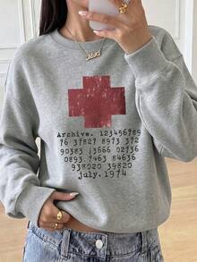 大尺碼女款時尚圓領運動衫，復古紅十字檔案數位圖案印花，秋冬日常街頭風女式上衣 - 灰色 - 查看 3